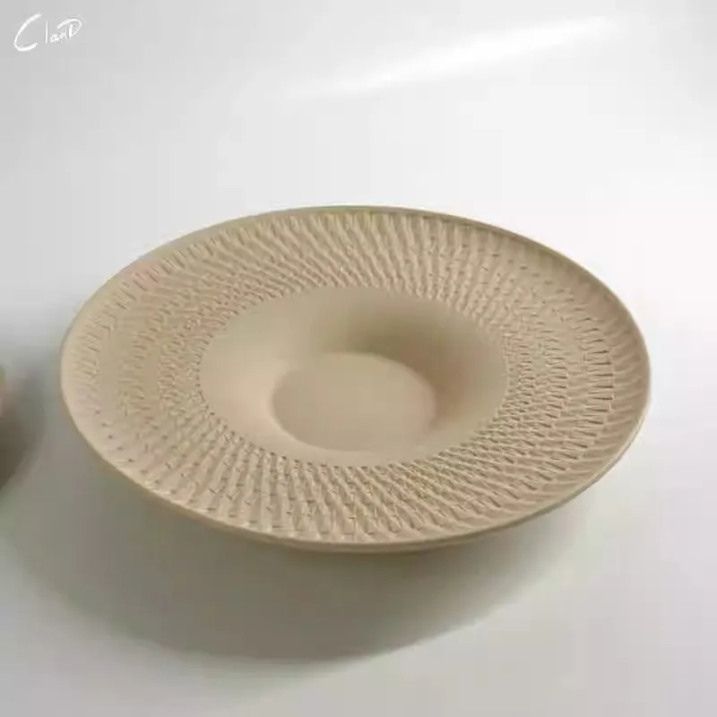 Nordic Minimalism Restaurant Soup Plate Creative Decorative Tray Ceramic Material Frosted Spiral Grain High-End Hotel Food Tray