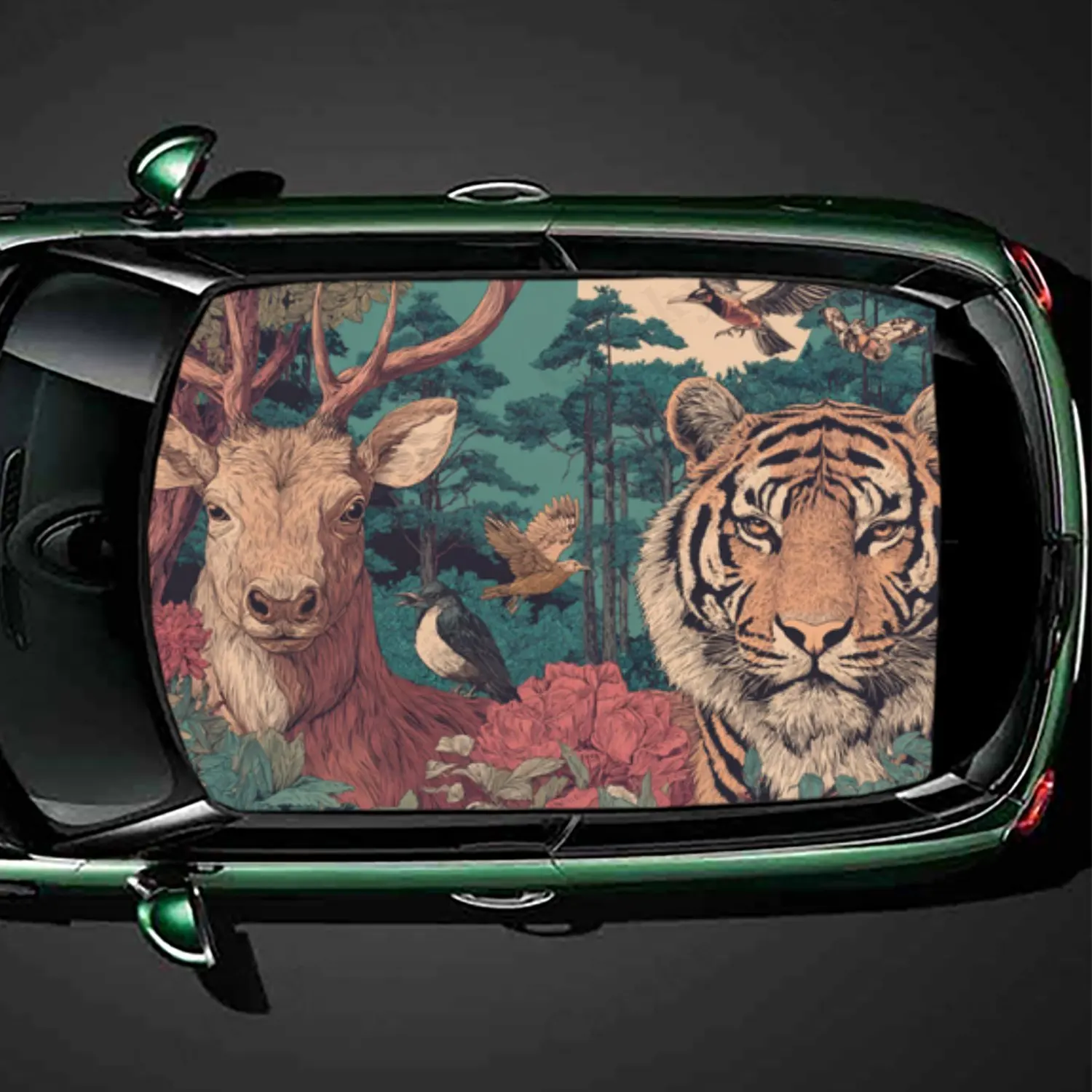 

Deer - Tiger Forest Charm Print PVC Car Roof Sticker, Self-Adhesive Waterproof Car vinyl Decal, Car Decoration Protection Sticke