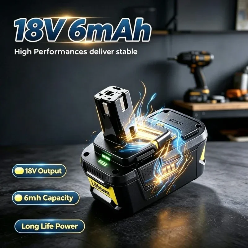 Batteria di ricambio al litio ad alta capacità, 18V 6.0Ah, compatibile con gli utensili Ryobi ONE+ 18V, tra cui trapani, smerigliatrici e seghe. Dotata di molteplici sistemi di protezione
