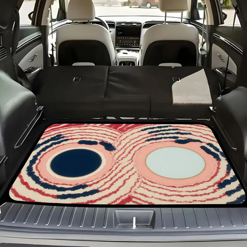 Long-Lasting Trunk Liner For Vehicles Featuring A Stylized Design Of Abstract Eyes On A Red Backdrop With Blue Highlights. This