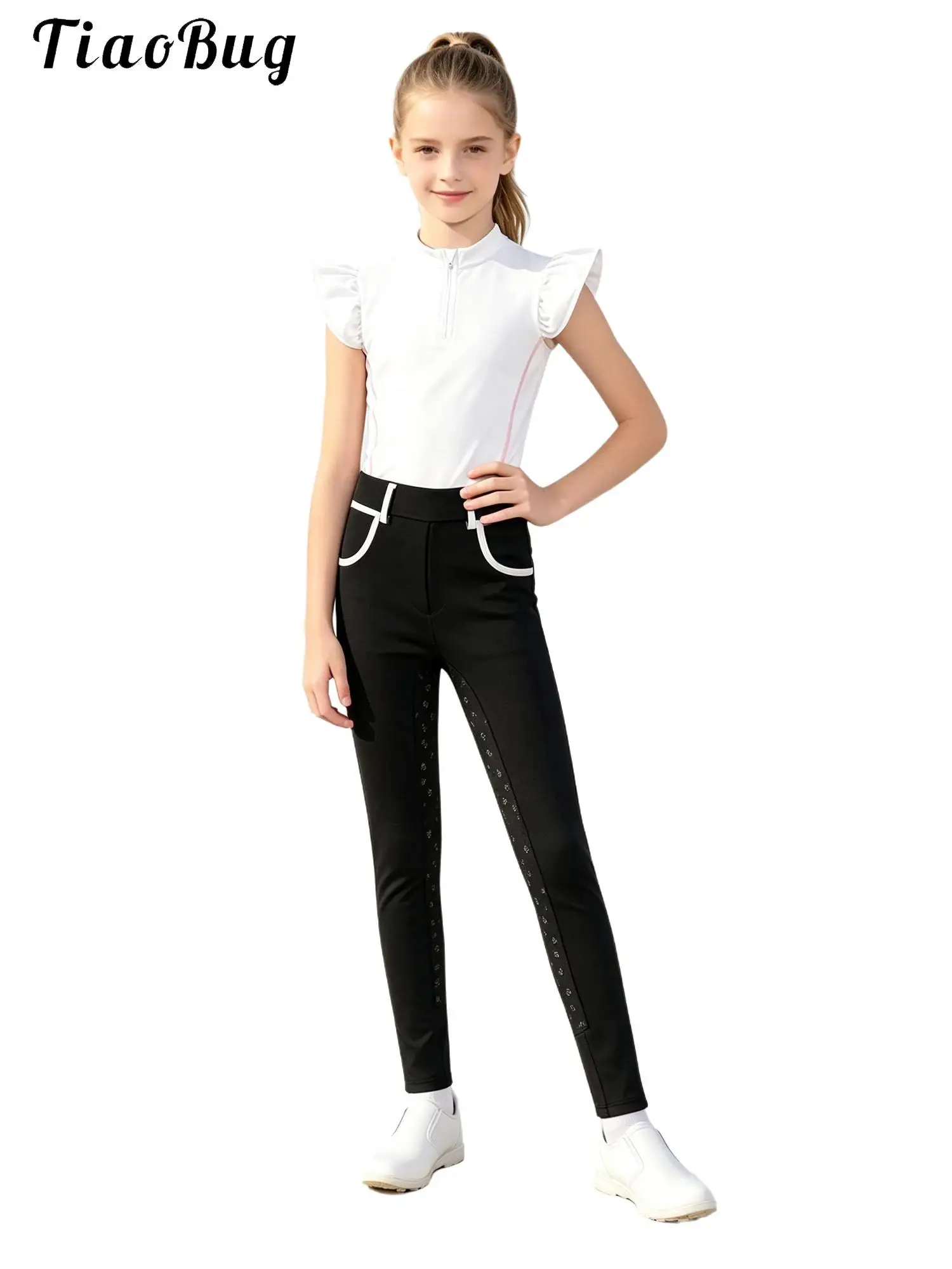 kids-girls-equestrian-outfit-zip-up-ruffled-sleeves-contrasting-trim-tank-top-non-slip-full-seat-horse-riding-pants-set