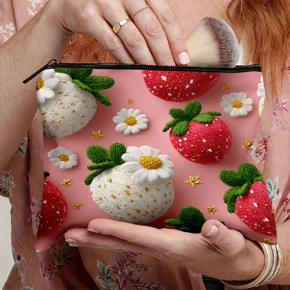 1 Piece Strawberry Daisy Knit Pattern (Red and White Color Scheme + Gold Accents + 3D Flowers) Makeup Bag - Multifunctional Zipper Pouch for Women, Perfect Travel Zipper Storage Bag, Fun Birthday Gift