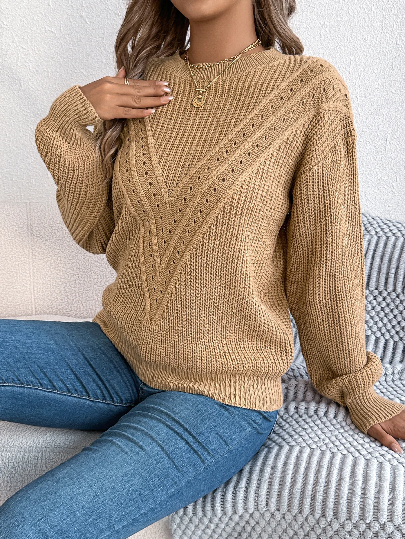 2025 Otoño Invierno mujer suéter Tops suéteres mujer Casual Color sólido cuello en V calado linterna manga suéter