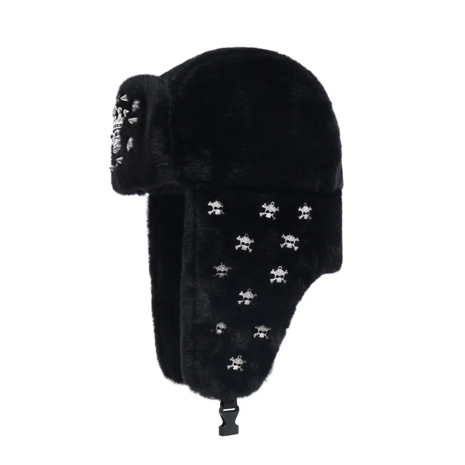 Europäische und amerikanische Street-Fashion: Personalisierte, diamantbesetzte Metall-Totenkopf-Verzierte Pilotenmütze, Unisex, für alle Jahreszeiten geeignet, Hip-Hop-Rock-Stil Trapper-Mütze – Detail 3