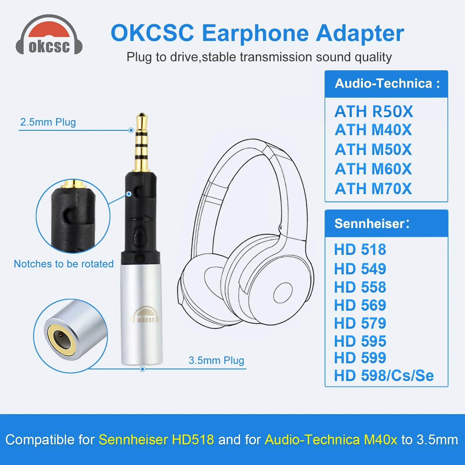 OKCSC 2.5mm male to 3.5mm female Audio Plug Connector Audio Adapter Jack 3.5mm Stereo Headphone for Sennheiser HD598 ATH Series