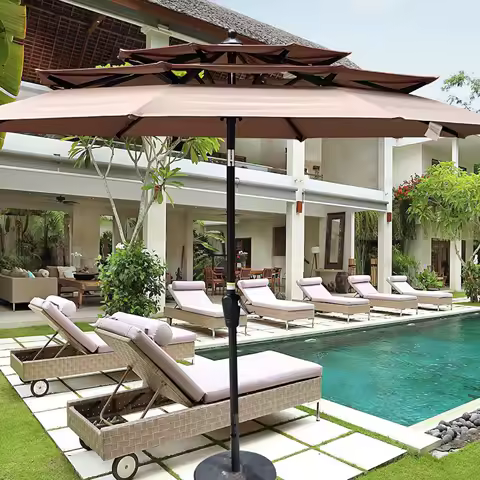 9Ft 3-Tiers Outdoor Patio Umbrella with Crank and tilt and Wind Vents for Garden Deck Backyard Pool Shade Outside Deck Swimming