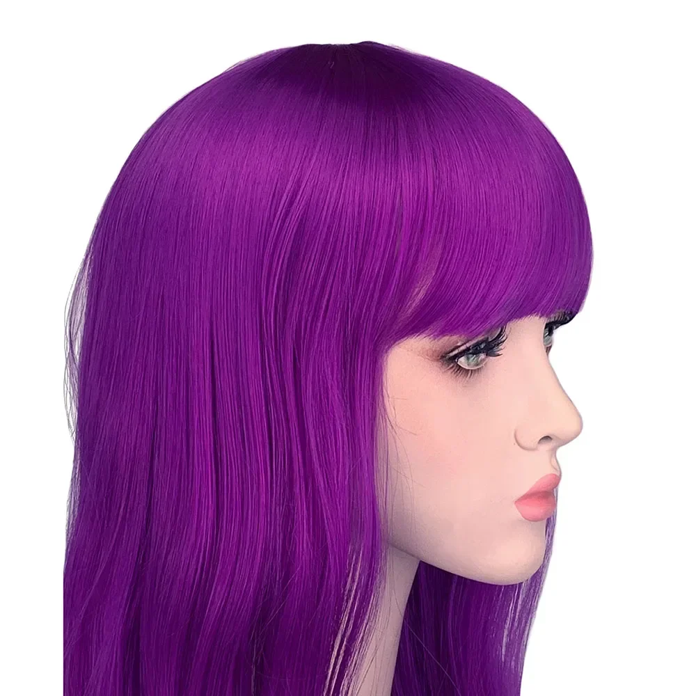 Adrey Evie Evil Mal Curly Long Wavy Wig, traje roxo para crianças, descendentes disfarçados com franja reta, cosplay para festa de Halloween