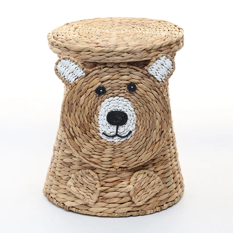 

Cross-border custom hand-woven storage basket with lid storage basket cartoon bear children's room toy straw storage basket