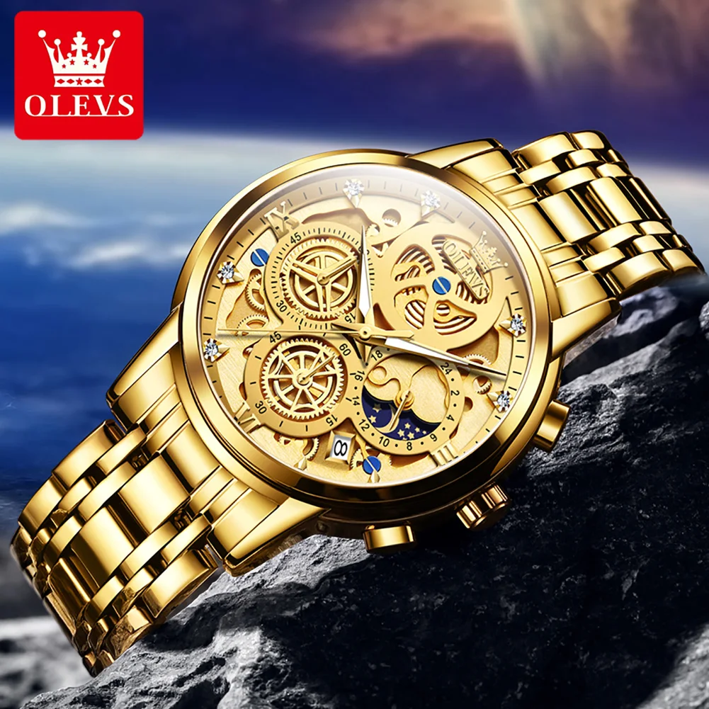 

Мужские часы OLEVS 9947 Original Classic Skeleton Quartz, водонепроницаемые, из нержавеющей стали, с календарем.
