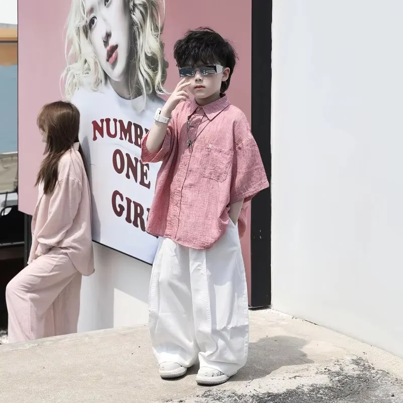 Children's Summer Set Fashion 2026 New Boys' Baby Solid Color Short sleeved Shirt Pants Two piece Set