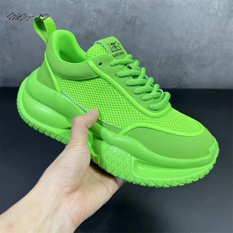 

Chunky Sneaker Men Designer Hollow Sole Running Shoe Fashion Casual Leather Mesh Breathable Height Increased Flat Platform Shoes