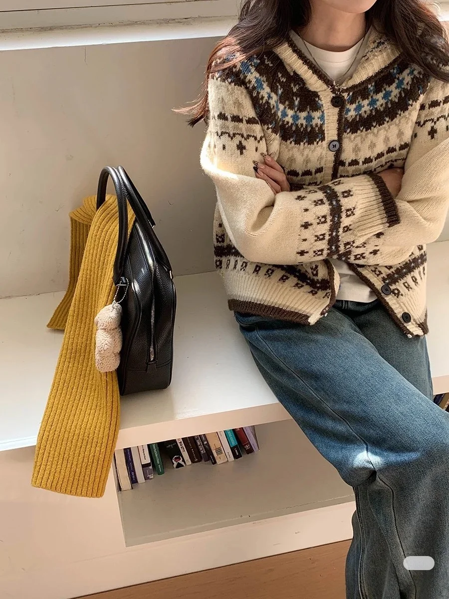 

Faionable Oversized Fair Isle Knit Sweater Jaet Retro Artistic Contrast Color Tassel Thi Warm Women's Cardigan Coat