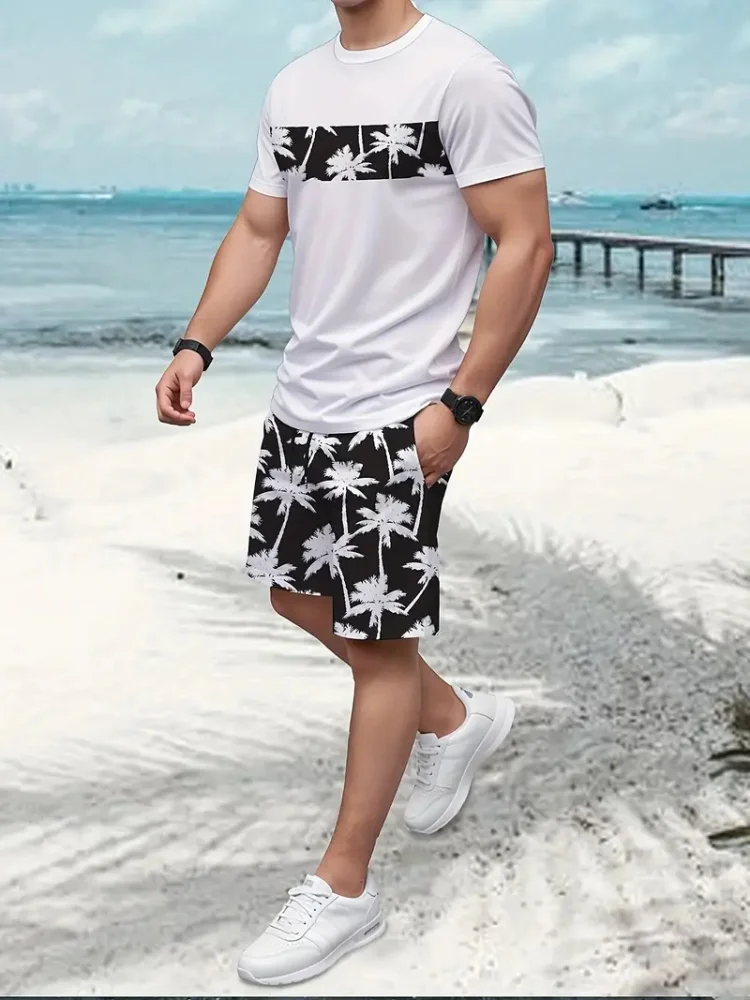 

Summer Men's Short Sleeve Sets Funny Coconut Tree Print T-shirt +Shorts 2 Piece Hawaiian Beach Vacation Tracksuits Casual Outfit