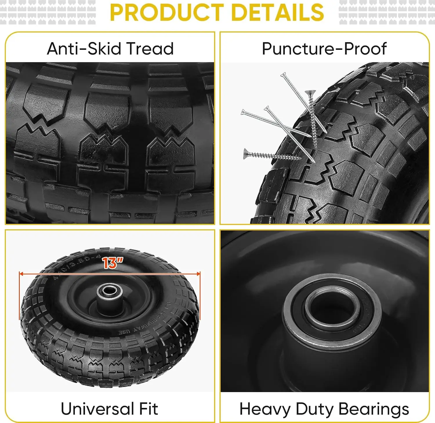 13 Inch Solid Tires 400 6 Tire Wheel Flat Free 5 8 Inch Bearings