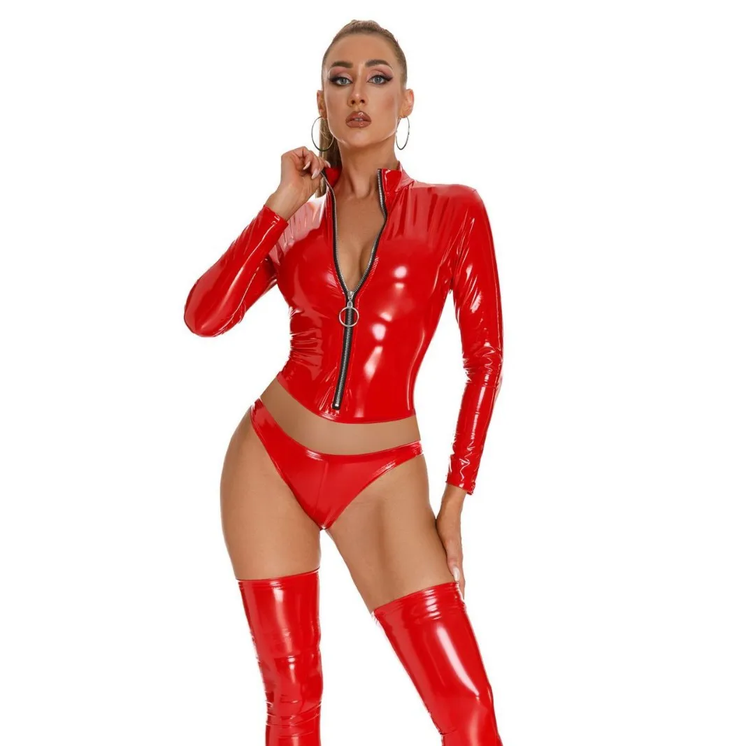 Sexy Shiny PVC Leather Women's Blouse Wet Look Long Sleeve Slim Fit Shirt High Street Lady Black Red Fetish Top with Briefs