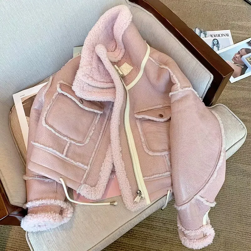 

Winter Women Streetwear Faux Lamb Leather pink Fur Lapel Crop Jacket Autumn Female Moto Biker Thick Warm Sheepskin Outwear Coat