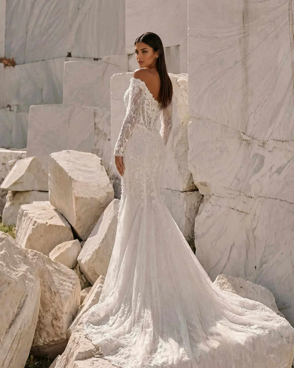 Maßgeschneidertes schulterfreies Spitzen-Brautkleid mit abnehmbarer Schleppe, rückenfrei, Applikationen, Hochzeitskleider 2026 Vestido De Noiva – Detail 7