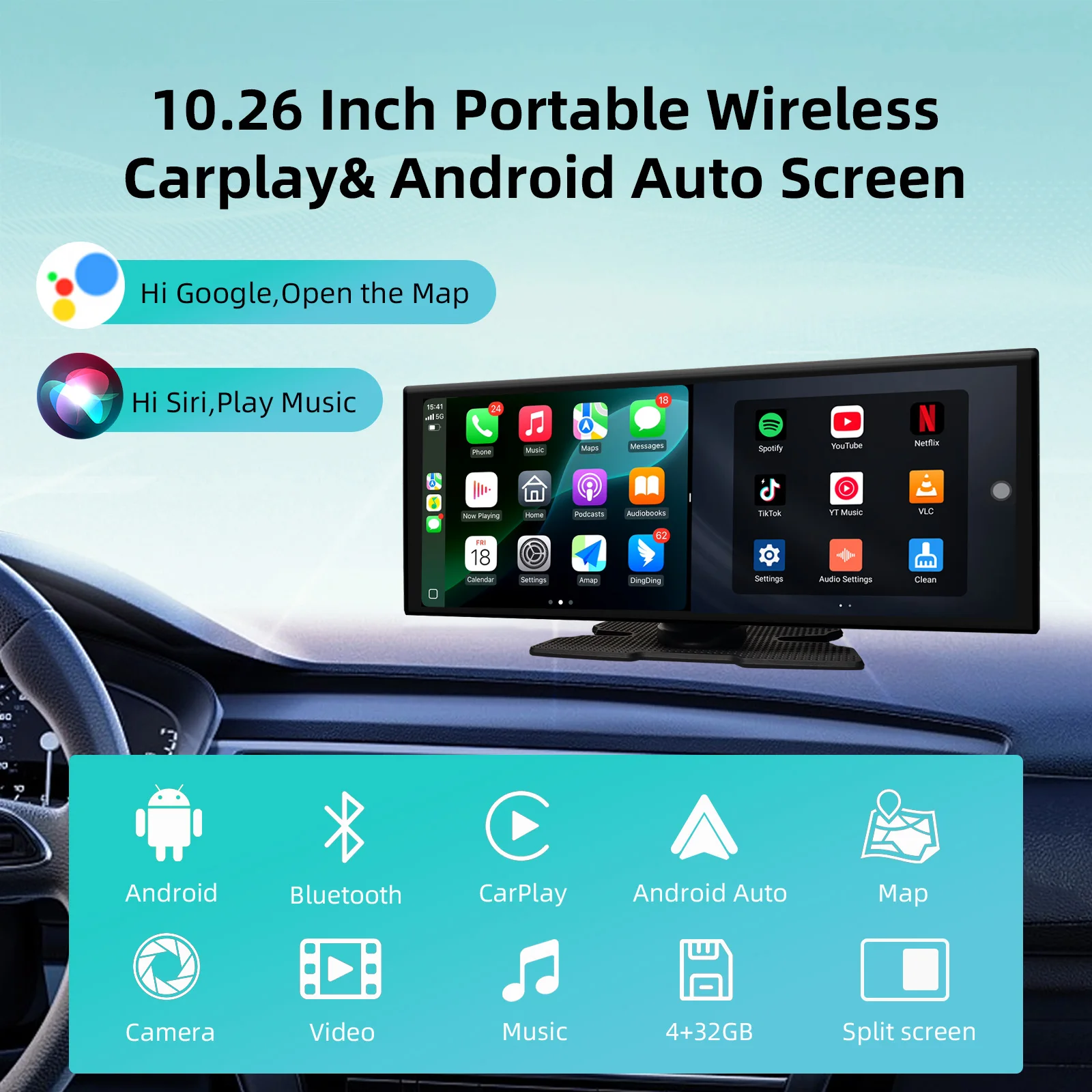 

Android System 10.26 Inch Touch Screen 4K Car Portable Wireless Apple CarPlay Android Split Screen YouTube, etc, 4GB+32GB