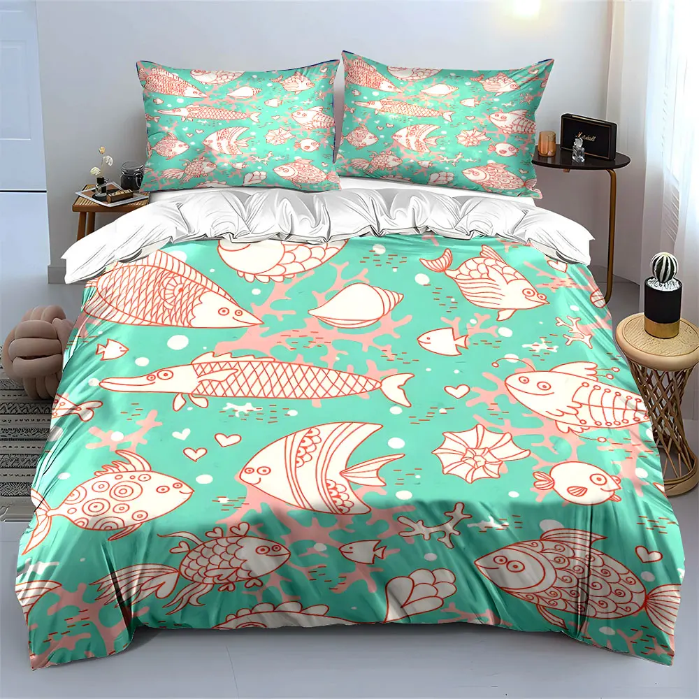 Cartoon hand-drawn marine life theme Bedding Set for Kids Luxury Gift 3pcs Digital Print Comforter Set Soft Comfortable