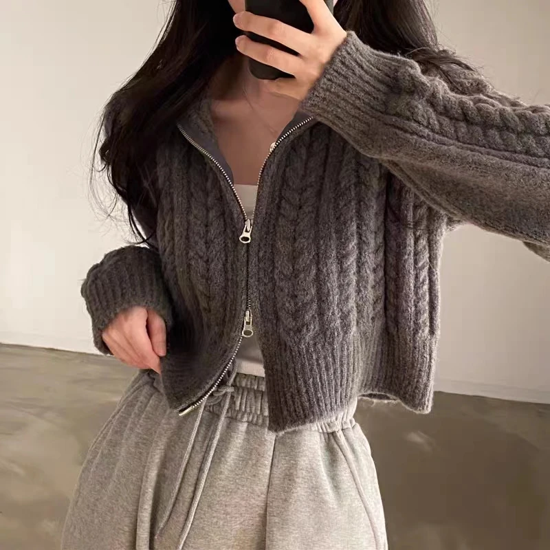 New Cardigan Double Zipper Women Sweaters Loose Short Coat Long Sleeve Elegant Fall Knitted Top Autumn Winter Casual Knitwear