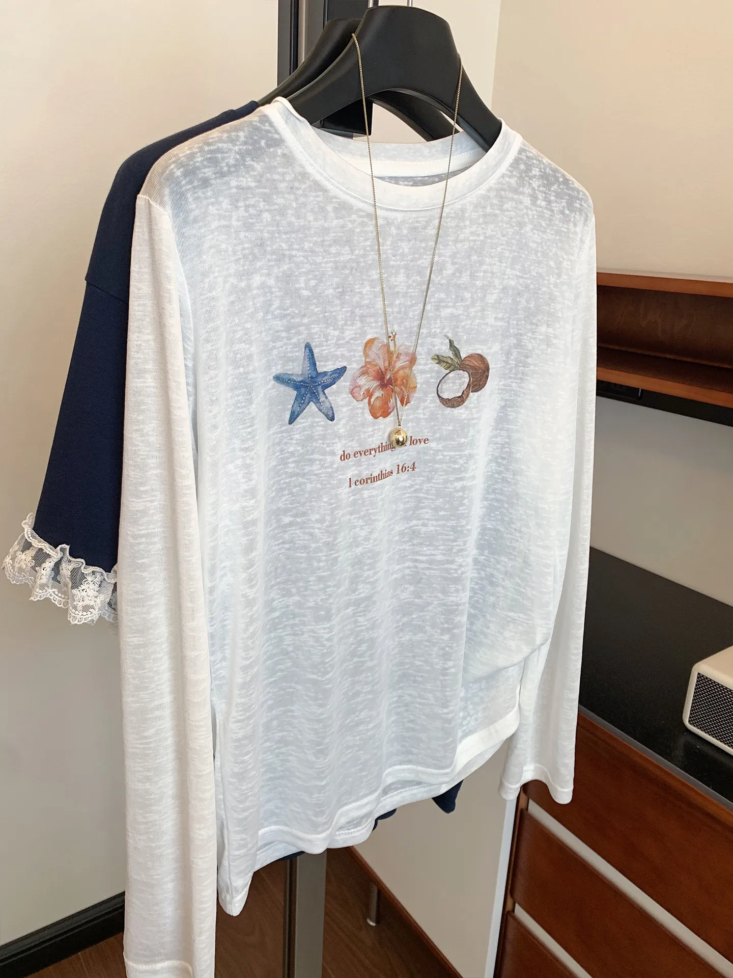 White Thin Snowflake Long Sleeve T-Shirt Women Summer Casual Slimming Loose Sun Protection Cover up Slightly Transparent Top