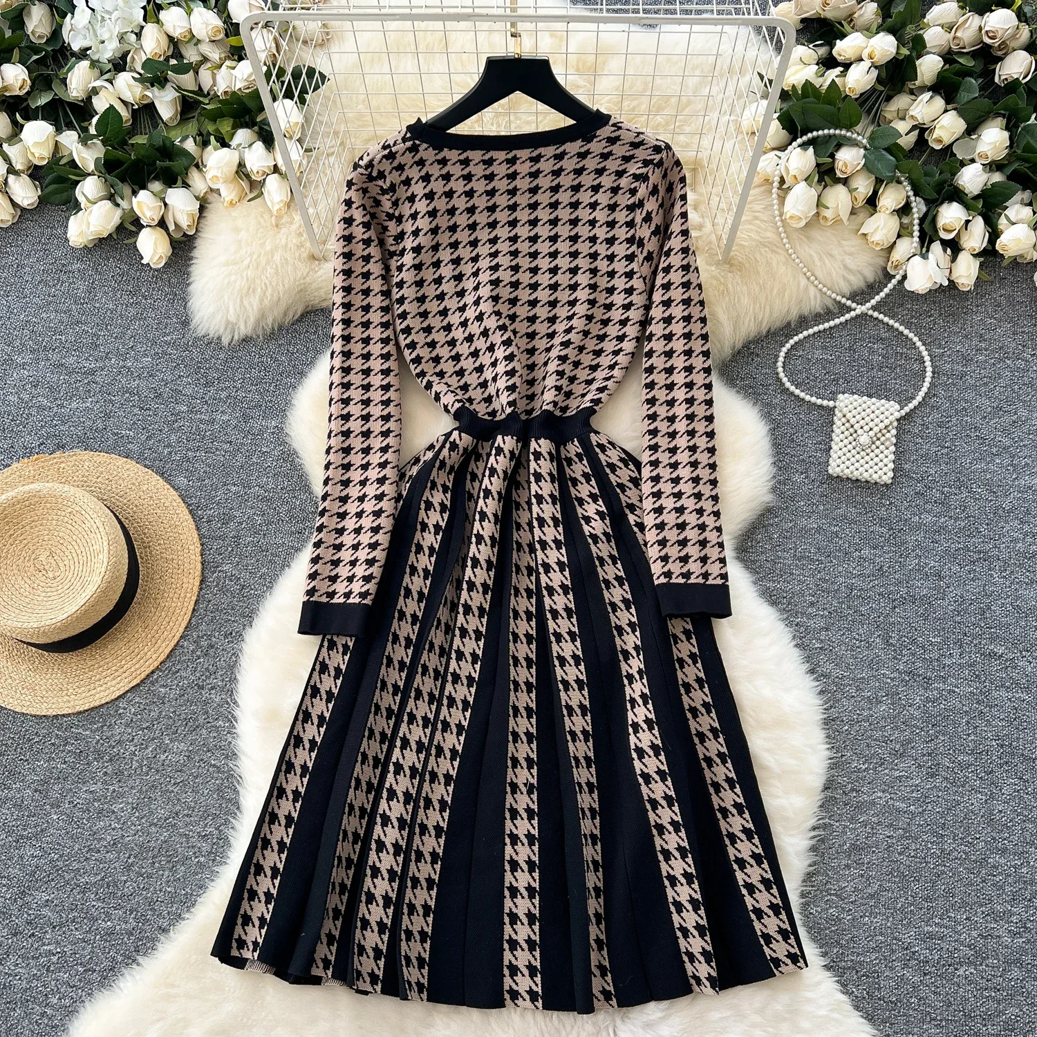 Elegant Patchwork Vintage O-neck Chic Long Sleeve Slim Plaid Metal Buttons Knit Dress Women Korean Evening High Street Clothing