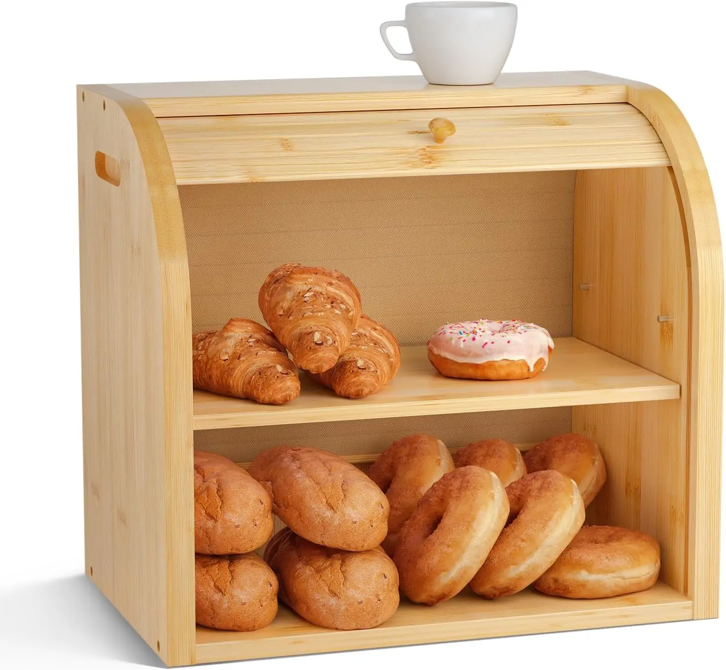 

Roll Top Bread Box for Kitchen Counter, Large 2-Tier Bamboo Bread Container, Bread Holder Food Bin for Countertop, Self-Assembl