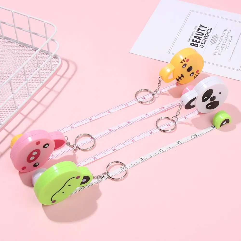 Mini Leather Ruler Keychain 1M Automatic Stretch Ruler Cartoon Animal Tape Measure Sewing Measure Ruler Measuring Ruler