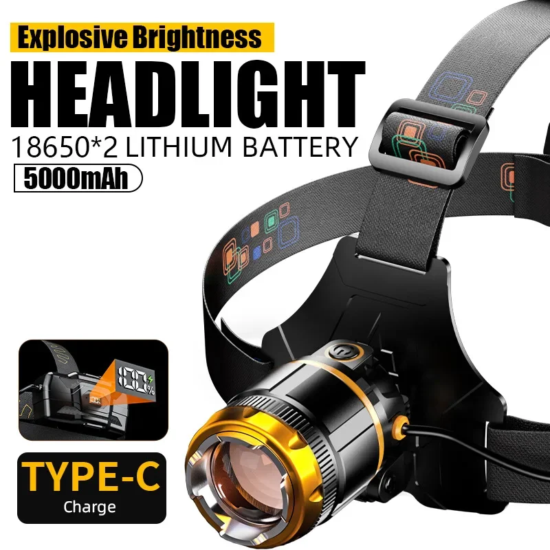 

Super Bright LED Headlamp Rechargeable Zoomable Headlight Power Display Waterproof Head Torch for Exploration Hunting Fishing