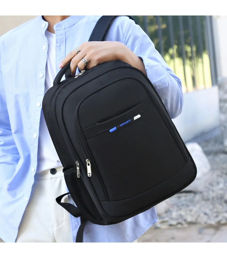 Black sport style school backpack green white sport logo patch dual side mesh bottle pockets multi front divided pockets durable
