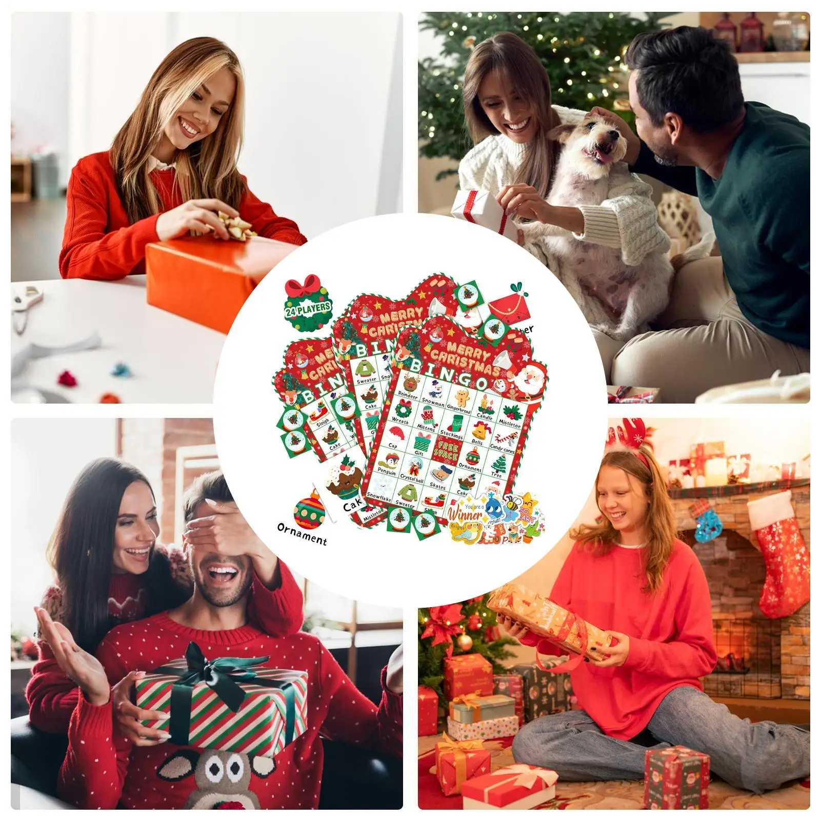 Christmas Bingo Game 24 Cards Set for Holiday Parties, Classroom Activities, Travel Fun | Kids Interactive Christmas Party Games