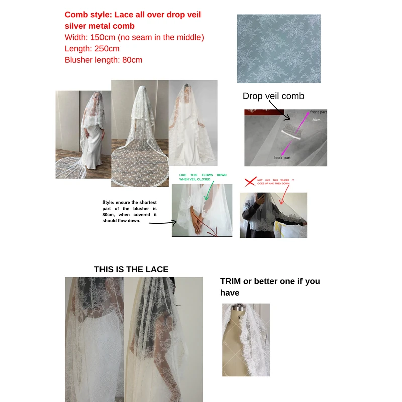 

Customized Lace Wedding Bridal Droped Veils Long Two Tiers Layers With Blusher Comb Cathedral Long Chapel Length Unique 2.5m