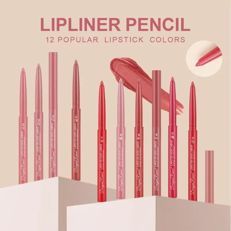 12 Colors Matte Lipstick Pen Waterproof Long-Lasting Automatic Lip Liner Makeup Lip Gloss for Beginners Draw Lip Line