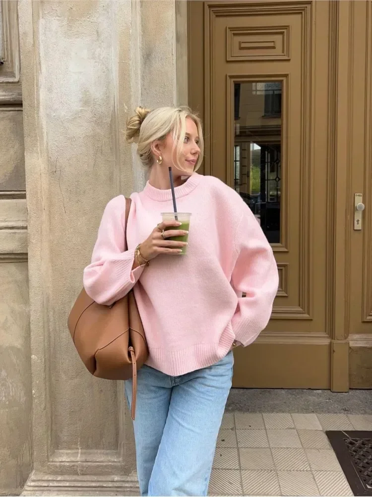 Mode Roze Gebreide O-hals Truien Vrouwen Effen Kleur Casual Losse Lange Mouw Crop Top Truien 2023 Herfst Highstreet Trui