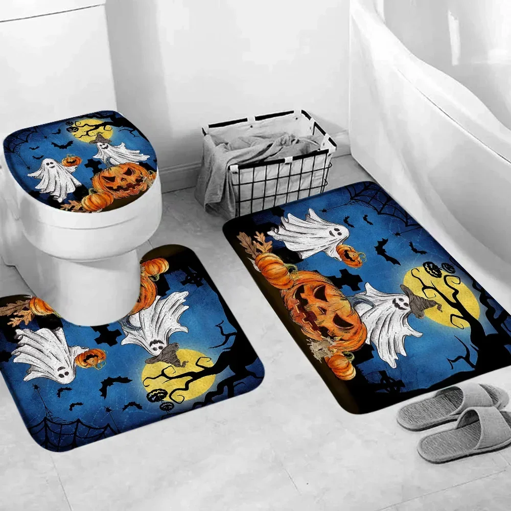 Halloween Shower Curtain Rug Set Ghost Pumpkin Skeleton Halloween Theme Cartoon Shower Curtains Holiday Home Bathroom Decoration