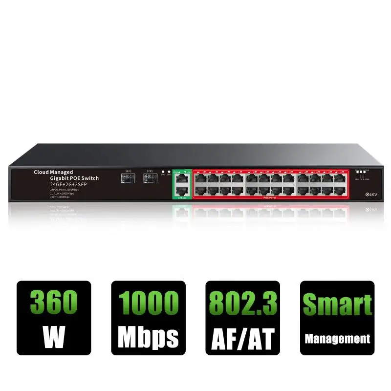 Management PoE Switch Gigabit 24 Ports 1000Mbps PoE + 2 Gigabit Upstream Ports + 2 SFP Ports PoE Switch for Hikvision Cameras