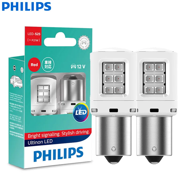 Светодиодные лампы Philips P21W S25 Ultinon красного цвета 1156 BA15s P21 для указателей поворота, противотуманных фар, задних стоп-сигналов 11498ULRX2, 2 шт.