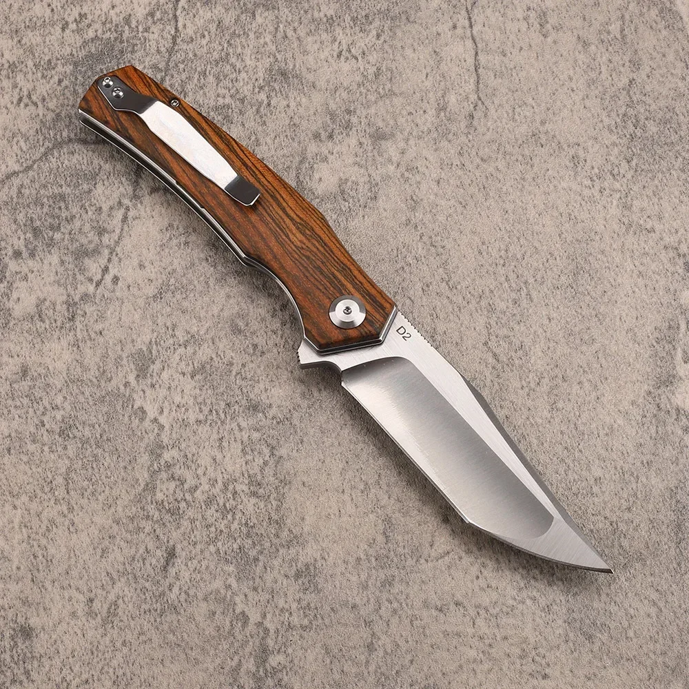 Imagem -02 - Sândalo Madeira Handle Ball Bearing Folding Knife Lâmina de Aço d2 Camping Knife Sobrevivência ao ar Livre Facas de Bolso Portáteis com Clipe
