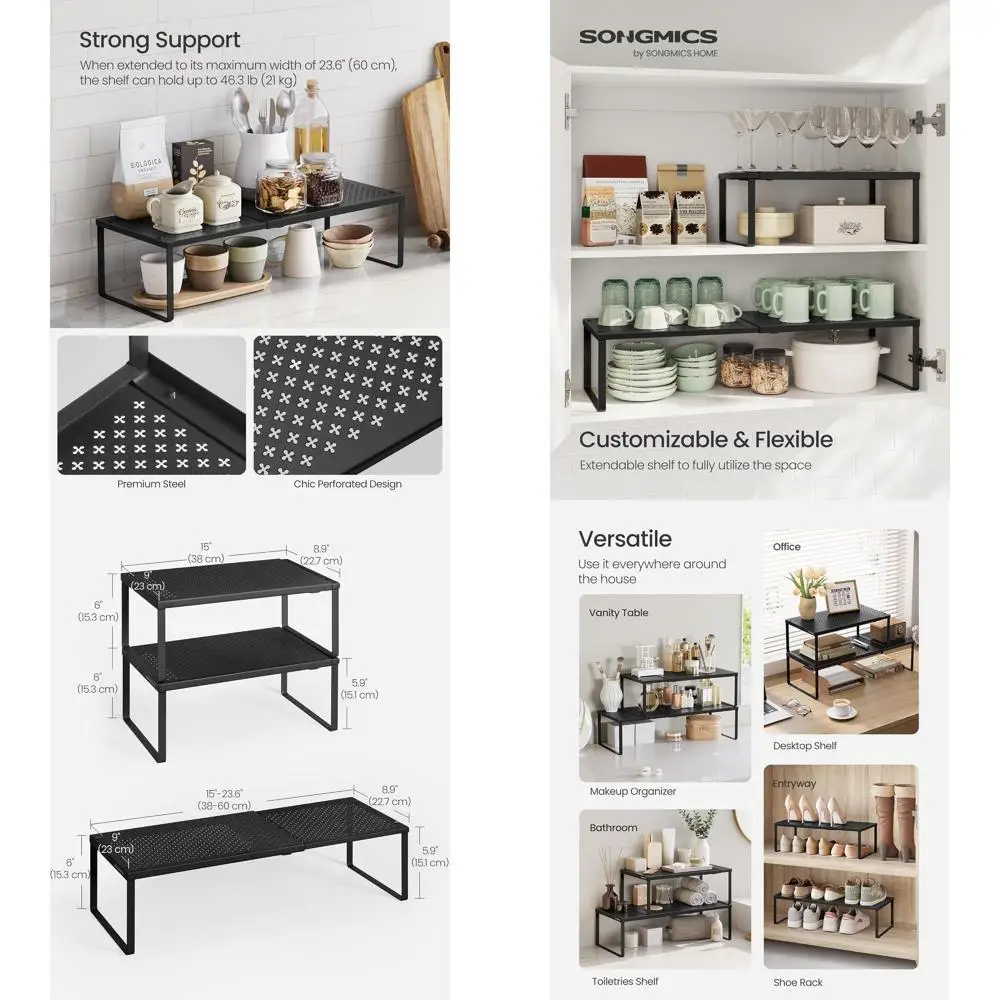 

Набор из 2-расширяемых металлических кухонных органайзеров для кладовой, регулируемой полки для специй, штабелируемые полки для шкафа, компактный матовый черный