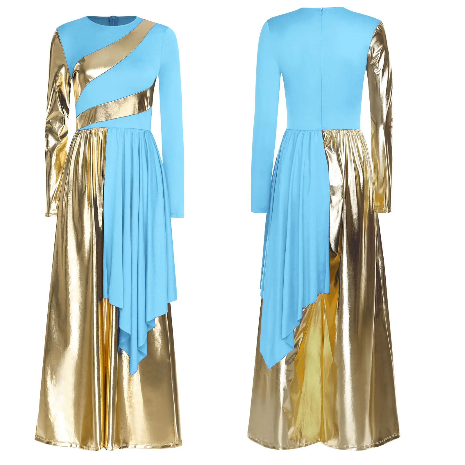 Robe de louange danse culte liturgique Performance Costume robes de salle de bal lyrique à manches longues combinaisons métalliques pour les femmes