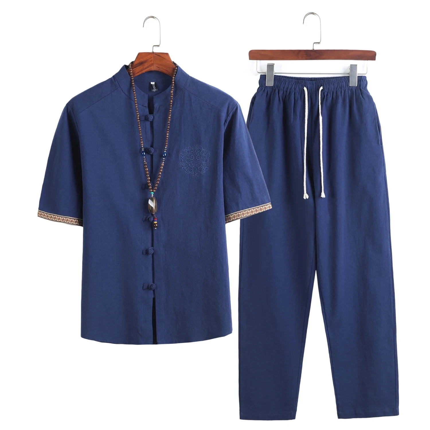 Linen Two piece set Mens（Jogger Shirts+Long Pants)Streetwear Male Chinese Style Tracksuit Casual Tang Suit Loose Kungfu Trousers