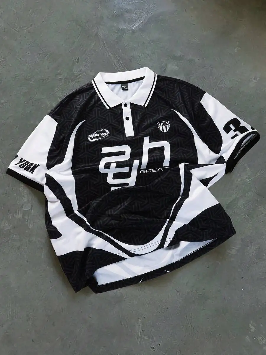 

Men's Black White Graphic Print Short Sleeve Polo Shirt Loose Fit Streetwear Style