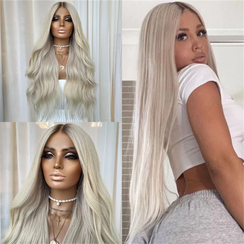 

Ombre White Platinum Blonde Balayage Synthetic Wig Human Hair Blend PrePlucked Hairline Swiss Lace Wigs PrePlucked Hairline 32''