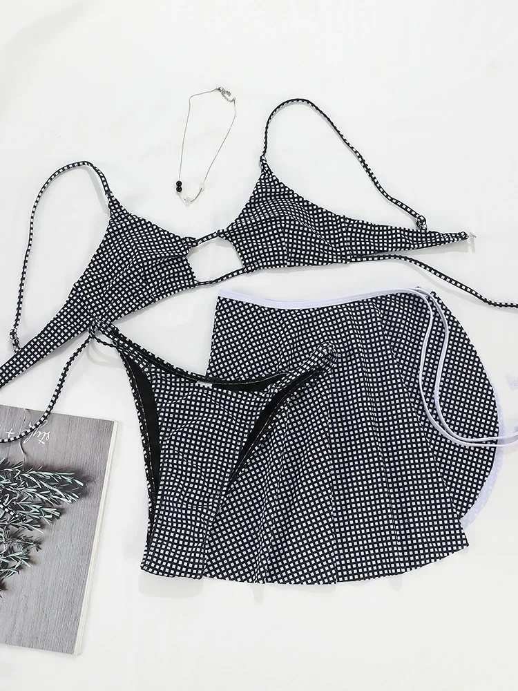 

Miyouj Gingham Swimwear 2024 Swimming Suit Women's Sexy Bikinis New Three Piece Suit Beach Hollow Out Bikini Sets Summer Biquini