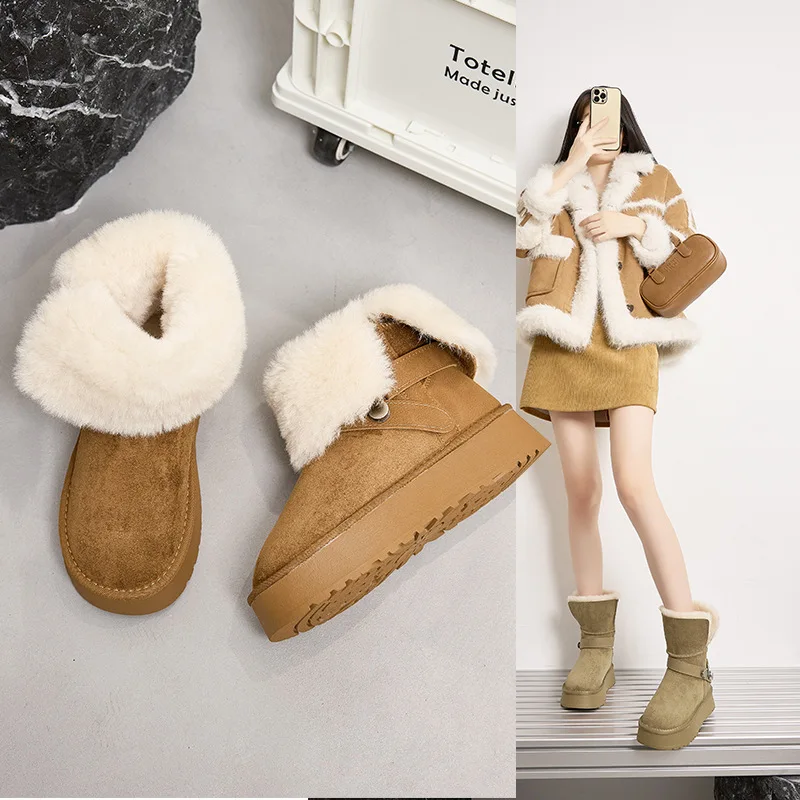 

CICIYANG Snow Boots Women Ankel Boots 2025 New Winter Metal Buckle Warm Fur Ladies Shoes Platform Medium Tube Flat Boot Handmade