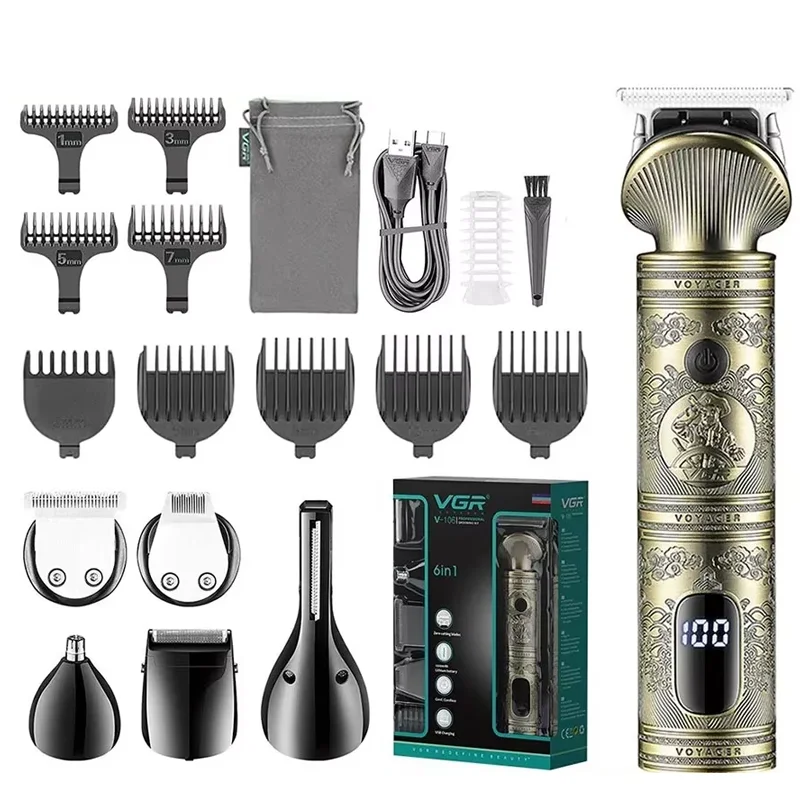 VGR Grooming Kit Hair Trimmer 6 In 1 Hair Clipper Nose Trimmer Shaver Body Trimmer Professional Rechargeable Metal Vintage V-106