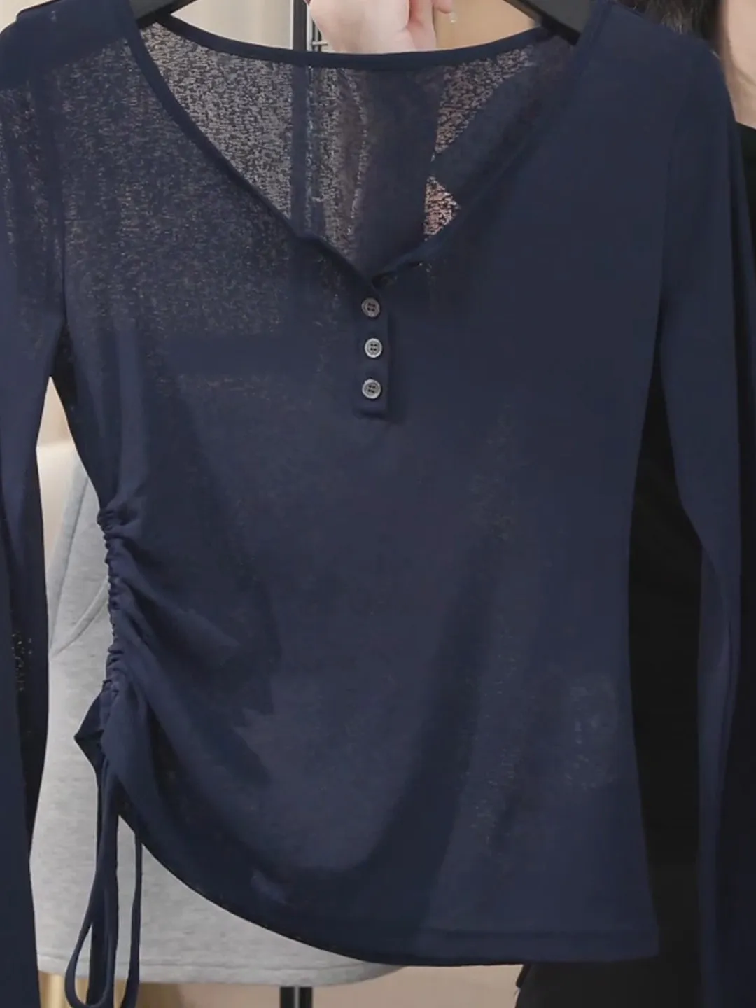 Comfortable Long Sleeve Half Open Collar Sun Protection Shirt Drawstring Waist Gown Top Early Autumn New Style Dark Blue Wome...