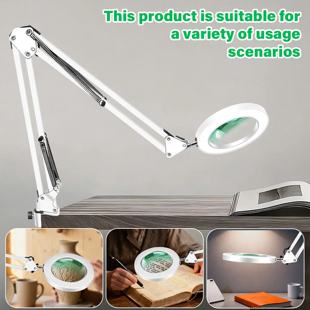 Magnifying Glass with Light 3 Color Mode Stepless Dimmable Clamp Magnifier Adjustable Swing Arm LED Desk Lamp for Close Work