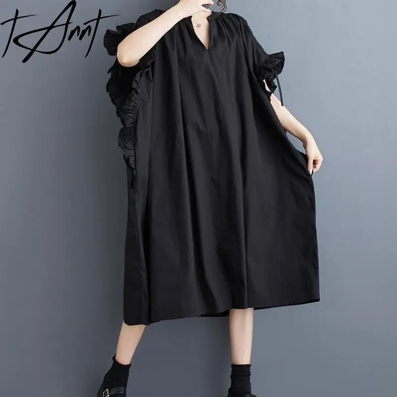 

Tannt Women Dress Batwing Sleeve V-neck Drawtherope Loose Shirts Dresses Short Sleeves Casual Summer Long Dresses 2024 New