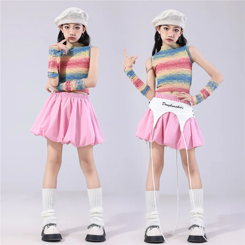طفل ملابس رقص الجاز Kpop فتاة قبضة عرض مسرحي الزي الملونة التدرج تانك القمم الوردي تنورة المنصة أداء البدلة VBH1938